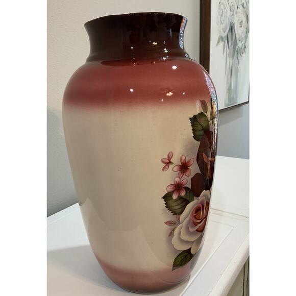 Vtg LARGE Hand Painted Red White Rose Floral Botanical Vase 13” H 7 5/8” D - Picture 5 of 8